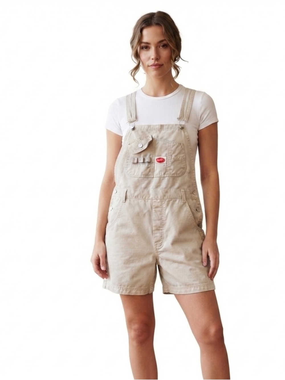 Vintage Revolt Overalls L Khaki Shortall 90s Y2K Carpenter Shorts Cotton Twill